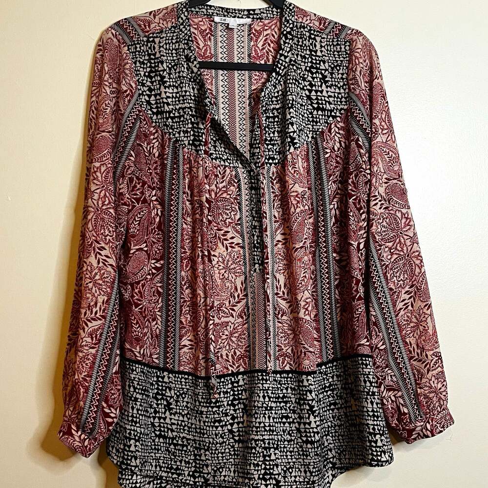 DR2 Womens Tunic Top Size M Burgundy/Black/White Paisley V-Neck Long Sleeve